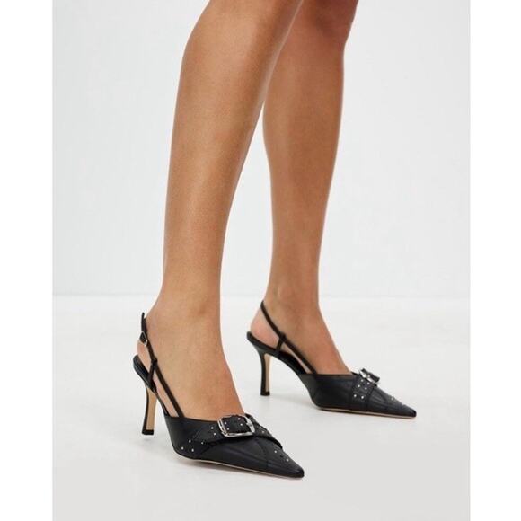 Tony Bianco Black Buckle Slingback Heels Studded Y2K Leather Pumps 7.5 - Picture 1 of 8